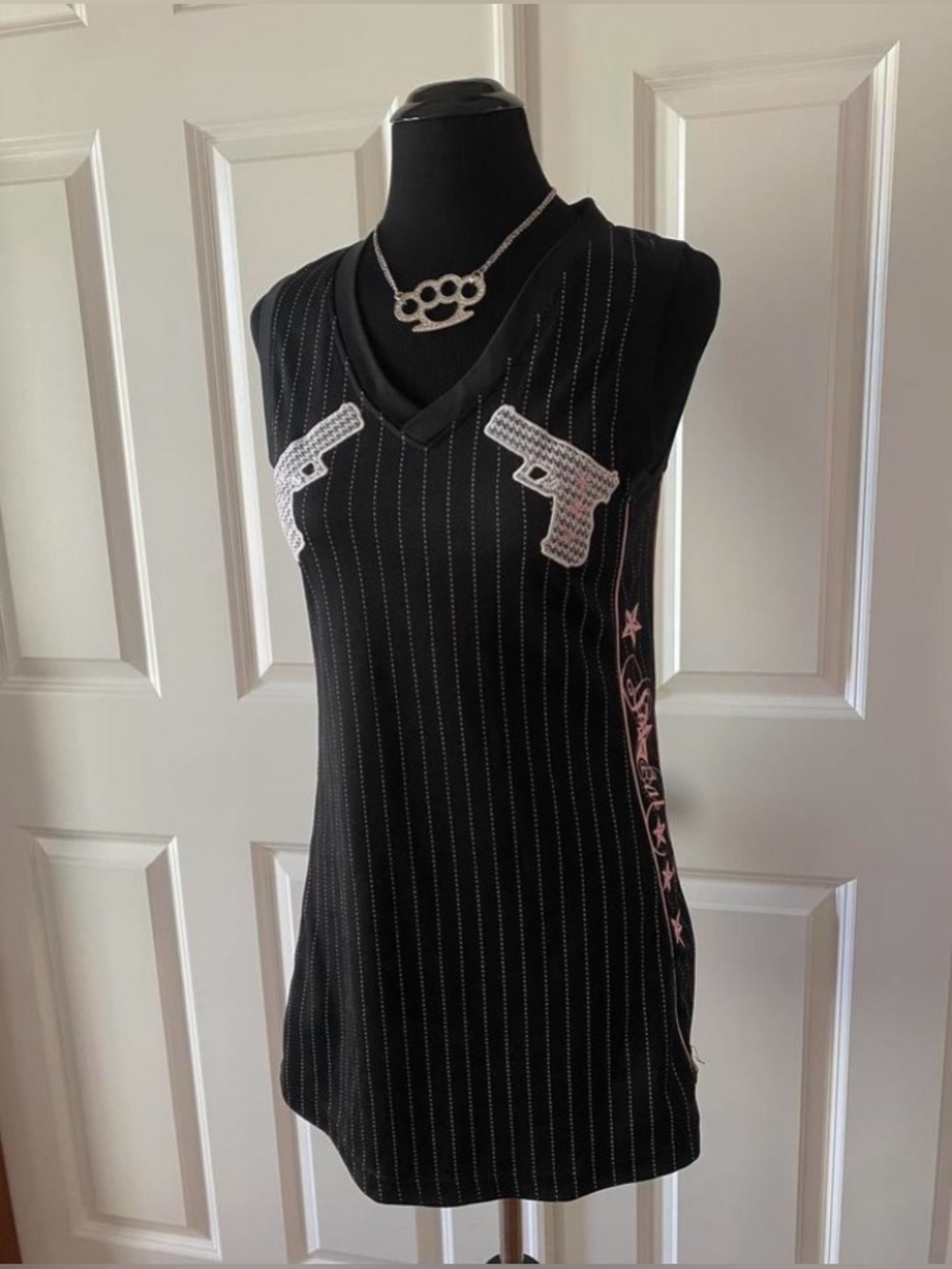 Y2k SoCal Black & Pink Pinstriped Jersey Dress with Glock Design